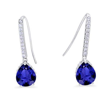 Teardrop Pear Dangling Fish Hook Earrings Simulated Blue Sapphire CZ 925 Sterling Silver Bridesmaid